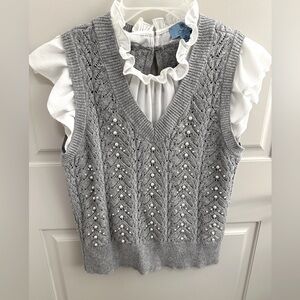 Cece Gray Knit Vest with Pearl Accents